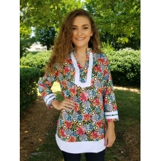 Erma's Closet Brown and Turquoise Floral Tunic with White Trim 